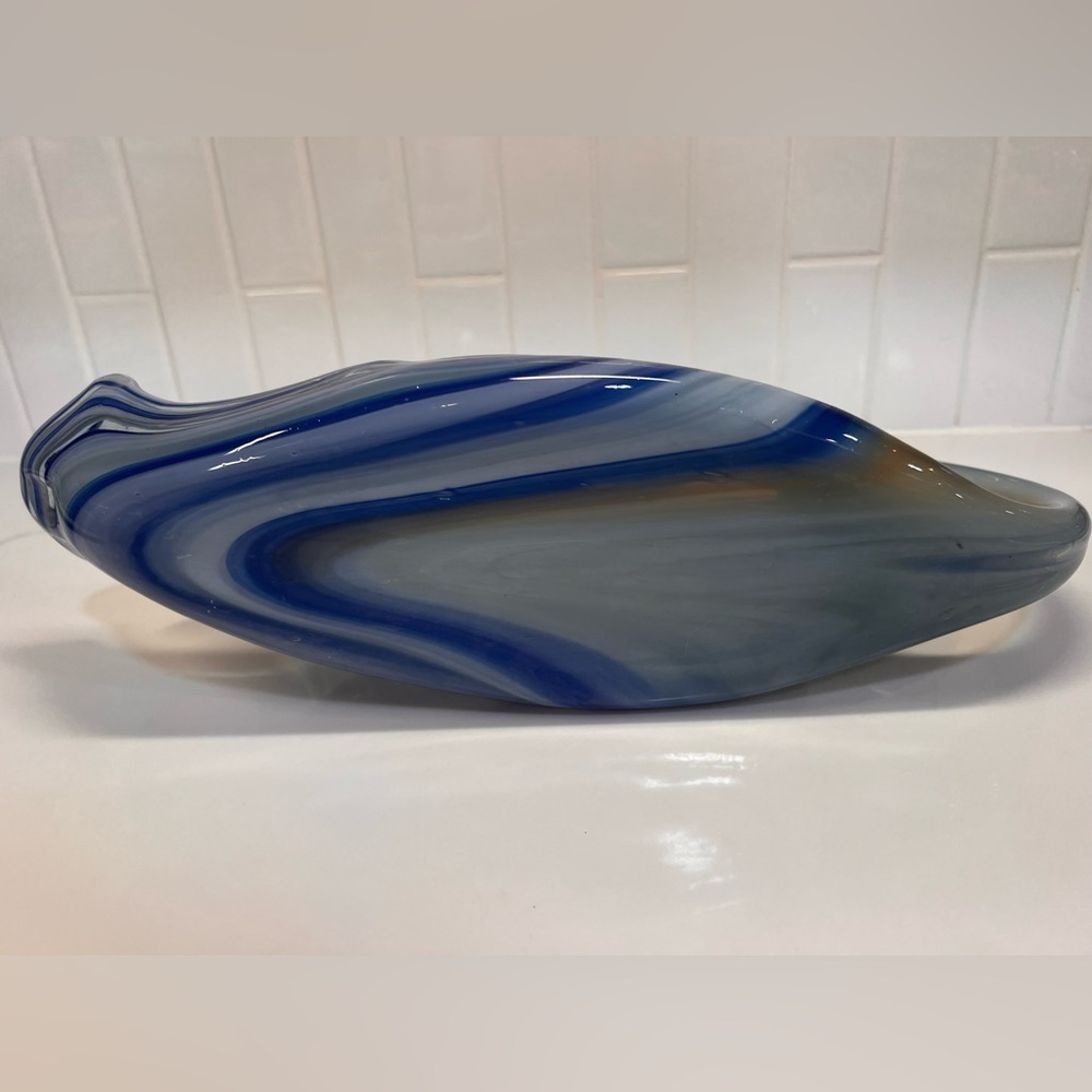 Sooner Art Glass Hand Blown Swirl Leaf Sleigh Cornucopia Display Blue Vintage - Picture 7 of 7